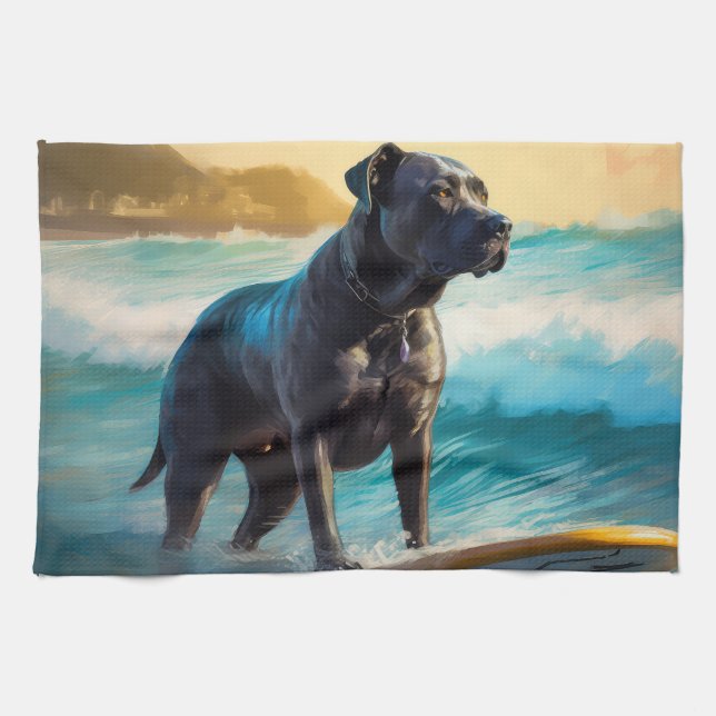 Cane Corso Beach Surfing Painting Kitchen Towel (Horizontal)