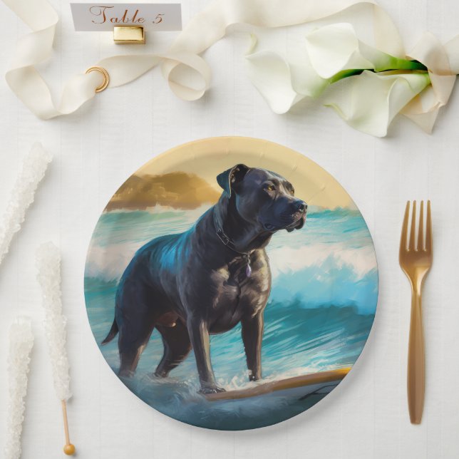 Cane Corso Beach Surfing Painting Paper Plates (Wedding)