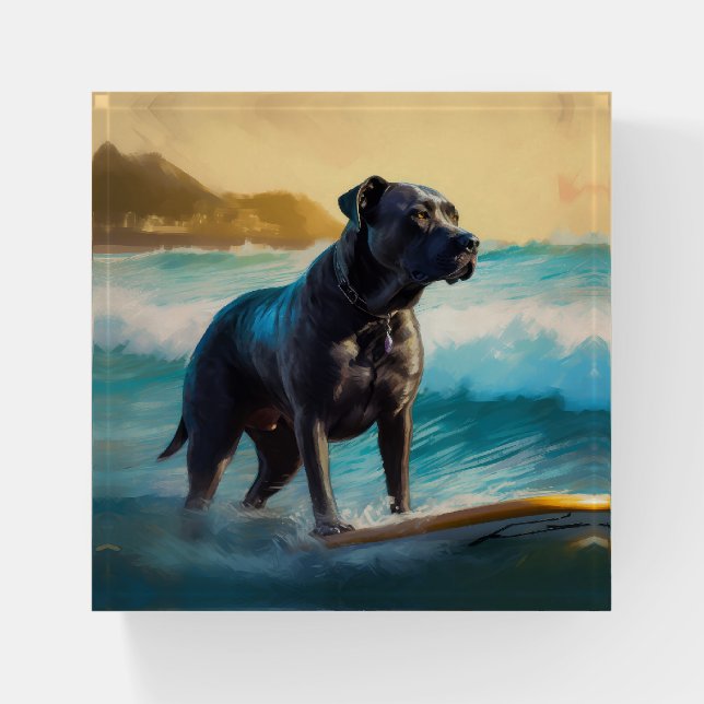 Cane Corso Beach Surfing Painting Paperweight (Front)