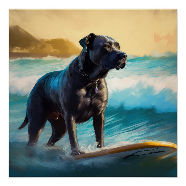 Cane Corso Beach Surfing Painting Poster (Front)