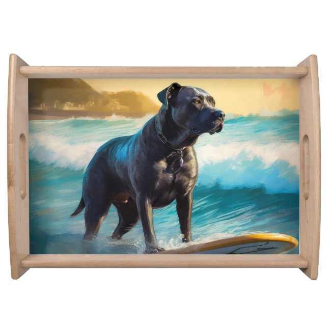 Cane Corso Beach Surfing Painting Serving Tray (Front)