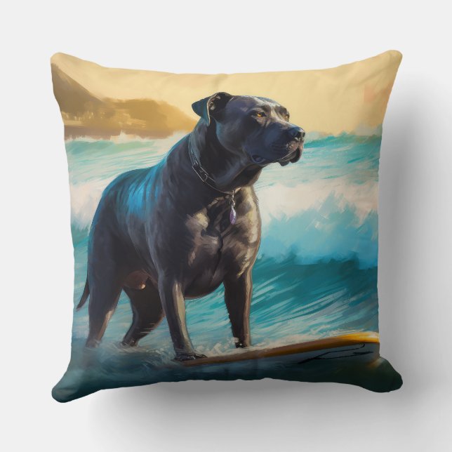 Cane Corso Beach Surfing Painting Throw Pillow (Back)