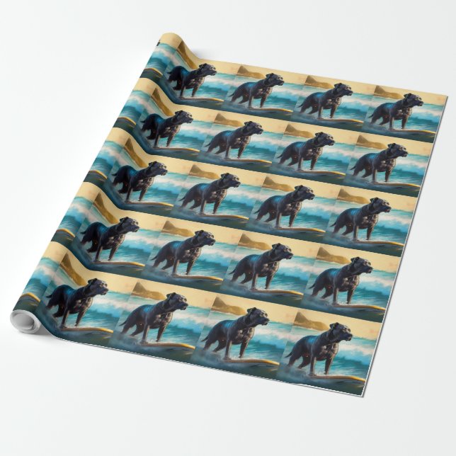 Cane Corso Beach Surfing Painting Wrapping Paper (Unrolled)