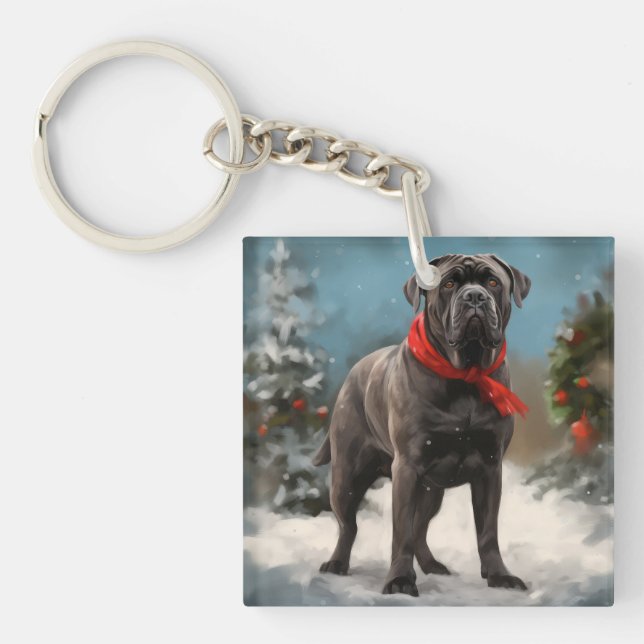 Cane Corso Dog in Snow Christmas  Keychain (Front)