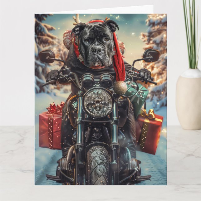 Cane Corso Dog Riding Motorcycle Christmas  Card (Front)