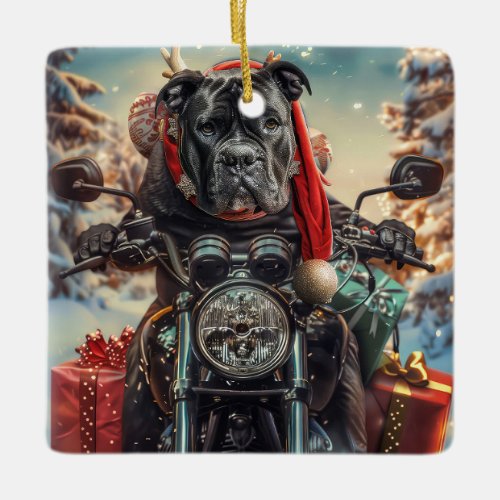 Cane Corso Dog Riding Motorcycle Christmas  Ceramic Ornament