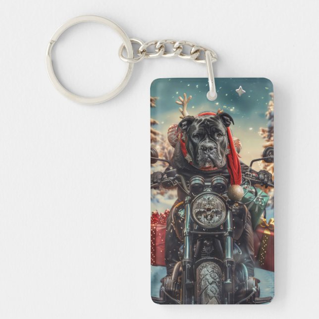 Cane Corso Dog Riding Motorcycle Christmas  Keychain (Front)
