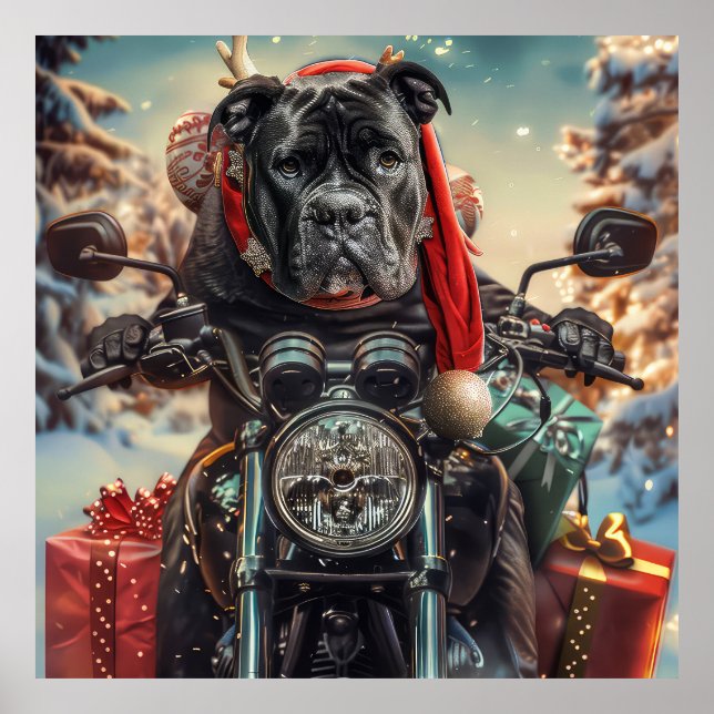 Cane Corso Dog Riding Motorcycle Christmas  Poster (Front)