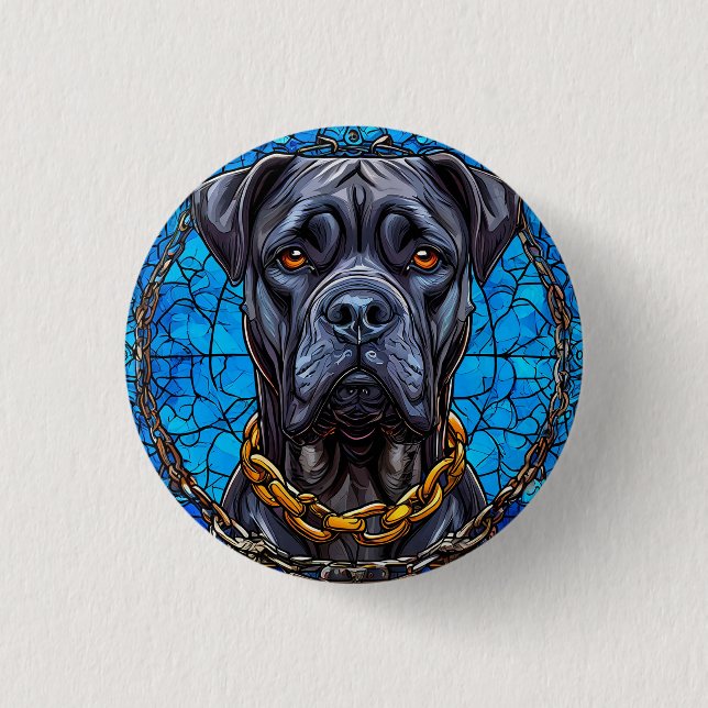 Cane Corso Dog With Chains in Blue Stained Glass Button (Front)