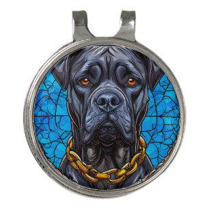 Cane Corso Dog With Chains in Blue Stained Glass Golf Hat Clip