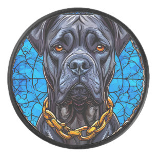 Cane Corso Dog With Chains in Blue Stained Glass Hockey Puck