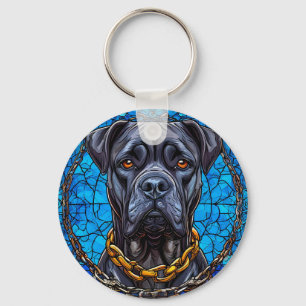 Cane Corso Dog With Chains in Blue Stained Glass Keychain