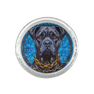 Cane Corso Dog With Chains in Blue Stained Glass Ring