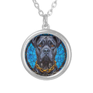 Cane Corso Dog With Chains in Blue Stained Glass Silver Plated Necklace