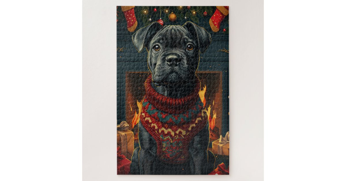 Cane Corso Dog With Christmas Gifts Fireplace Jigsaw Puzzle Zazzle