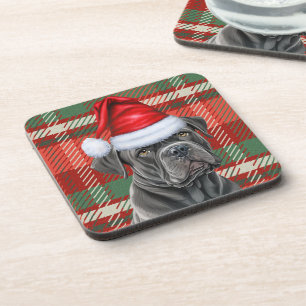Cane Corso Dog with Red Holiday Plaid Christmas Beverage Coaster