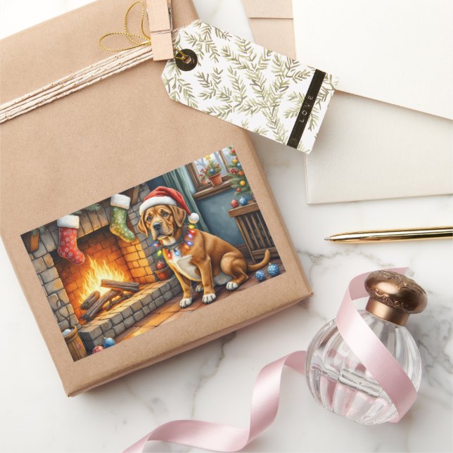Cane Corso Fireplace with Christmas Lights Rectangular Sticker (Gifting)