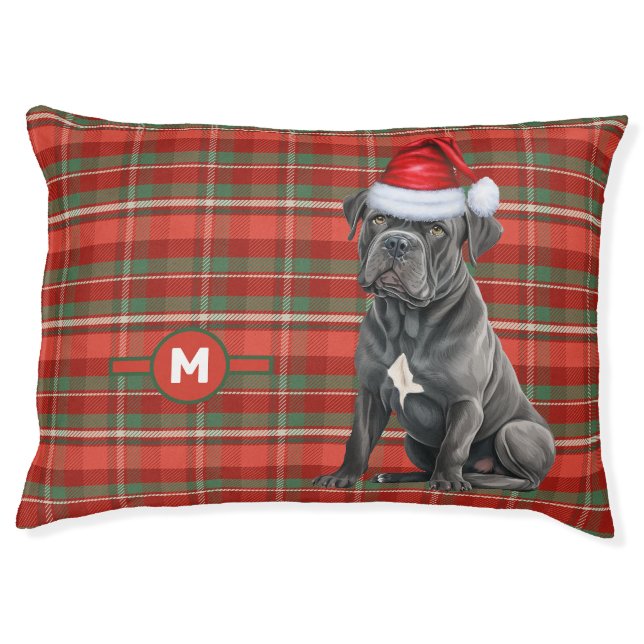 Cane Corso Holiday Plaid with Monogrammed Dog Pet Bed (Front)