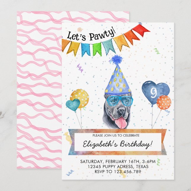 Cane Corso Lets Pawty Dog Birthday Party Invitation (Front/Back)