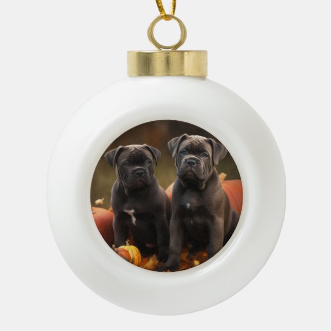 Cane Corso Puppy Autumn Delight Pumpkin Ceramic Ball Christmas Ornament (Front)