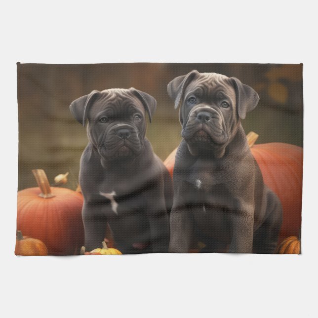 Cane Corso Puppy Autumn Delight Pumpkin Kitchen Towel (Horizontal)