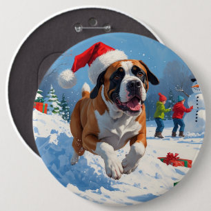 Cane Corso Running in Snow with Christmas Hat Button