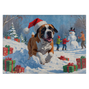Cane Corso Running in Snow with Christmas Hat Cutting Board