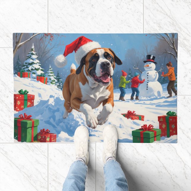 Cane Corso Running in Snow with Christmas Hat Doormat (Indoor)