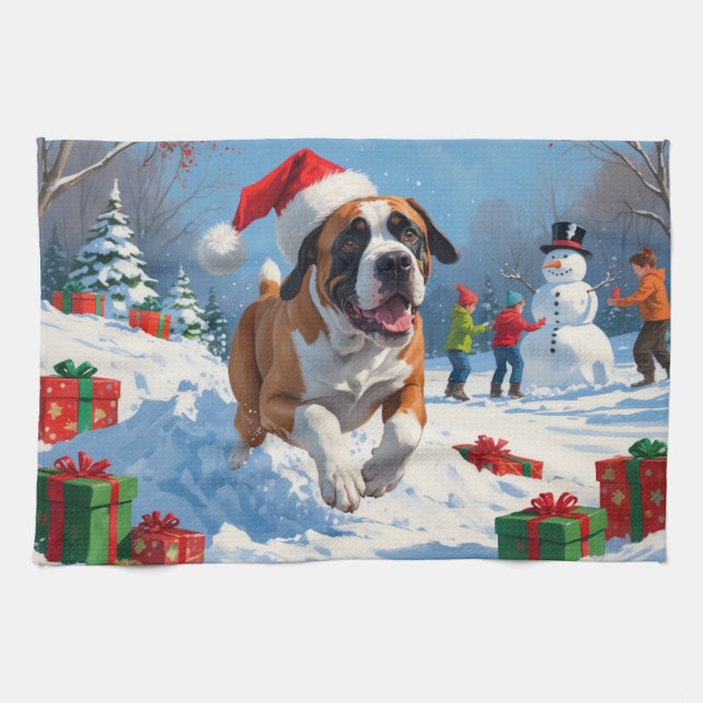Cane Corso Running in Snow with Christmas Hat Kitchen Towel (Horizontal)