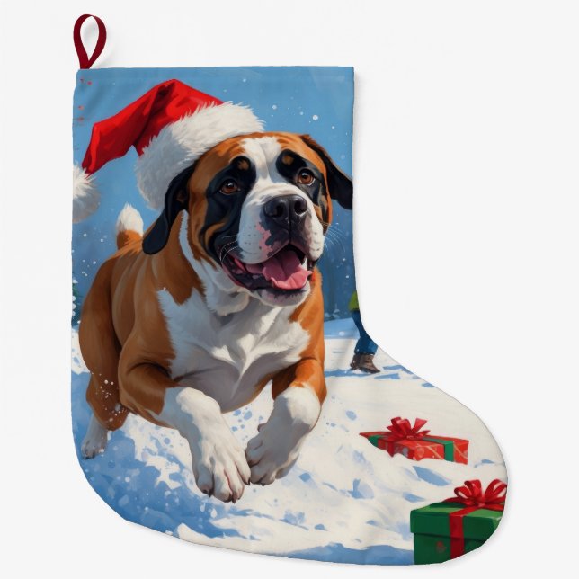 Cane Corso Running in Snow with Christmas Hat Large Christmas Stocking (Front)