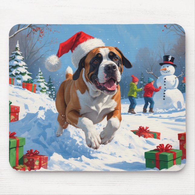 Cane Corso Running in Snow with Christmas Hat Mouse Pad (Front)