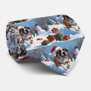 Cane Corso Running in Snow with Christmas Hat Neck Tie