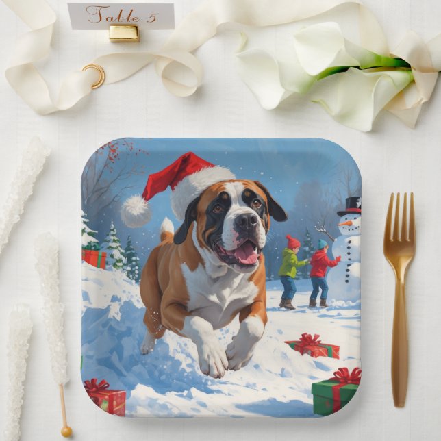 Cane Corso Running in Snow with Christmas Hat Paper Plates (Wedding)