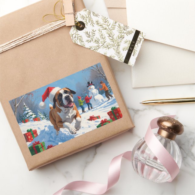 Cane Corso Running in Snow with Christmas Hat Rectangular Sticker (Gifting)