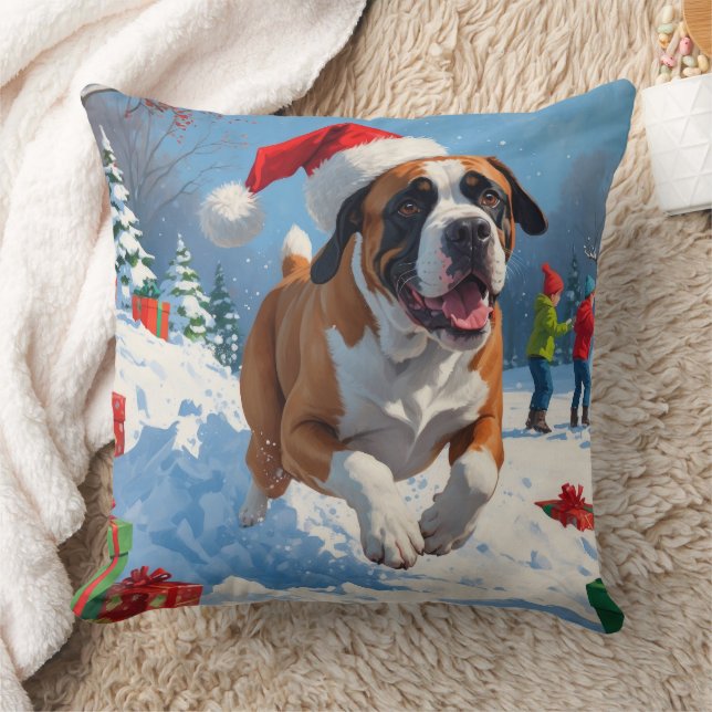 Cane Corso Running in Snow with Christmas Hat Throw Pillow (Blanket)