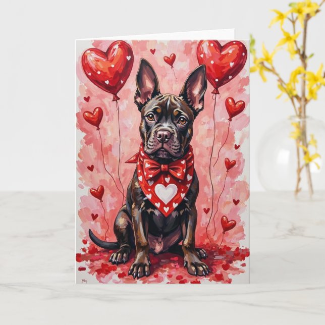 Cane Corso Valentine Dog Sitting with Hearts Red Card (Yellow Flower)