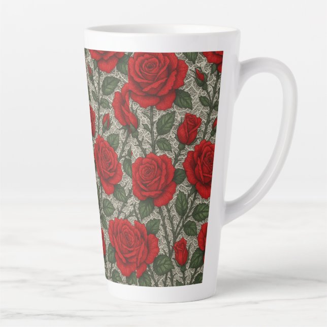 Caneca de café Rosas Vermelhas sobre Renda Branca Latte Mug (Right)