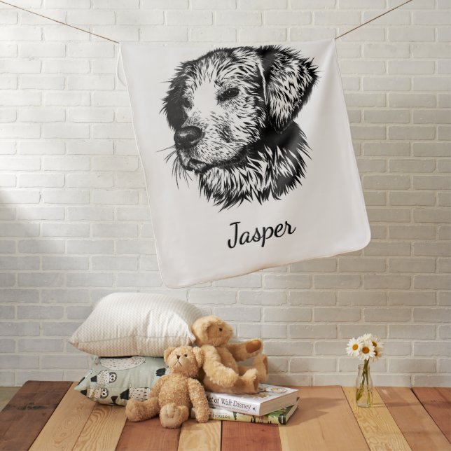 Canine Head Sketch Baby Name Blanket (In Situ)