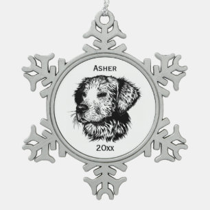 Canine Head Sketch Name and Year Snowflake Pewter Christmas Ornament