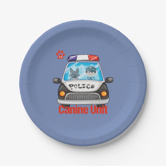 Canine Unit Policeman and Police Dog In Police Car Paper Plates (Front)