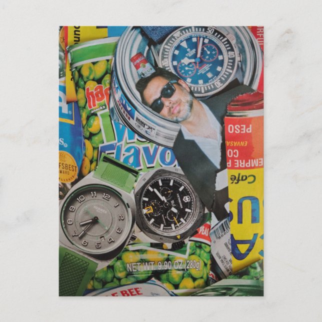 Canned Food Watches and Man Collage Postcard (Front)