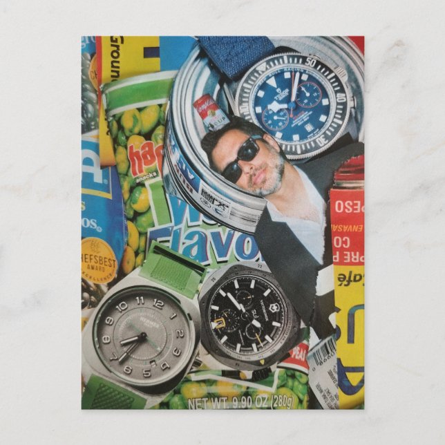 Canned Foods Watches and Man Collage Postcard (Front)