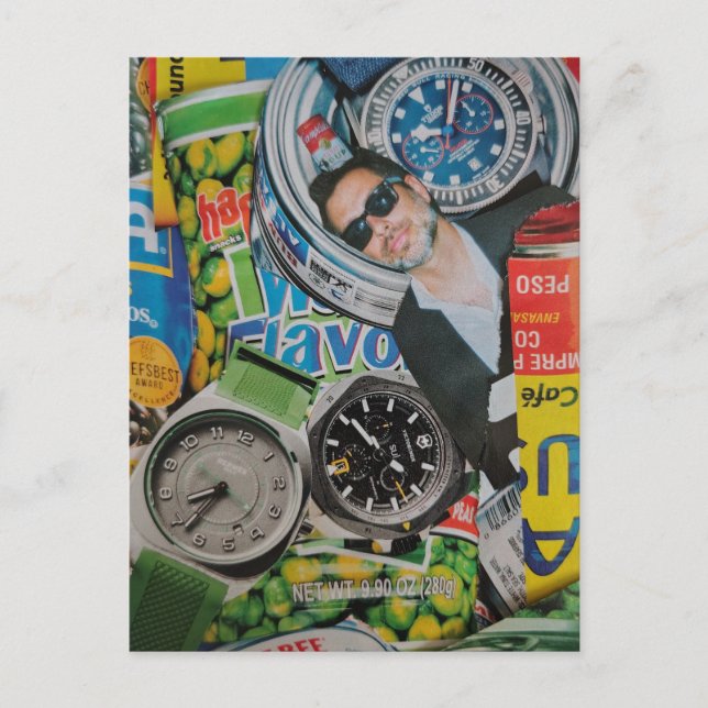 Canned Man and Watches Collage Postcard (Front)