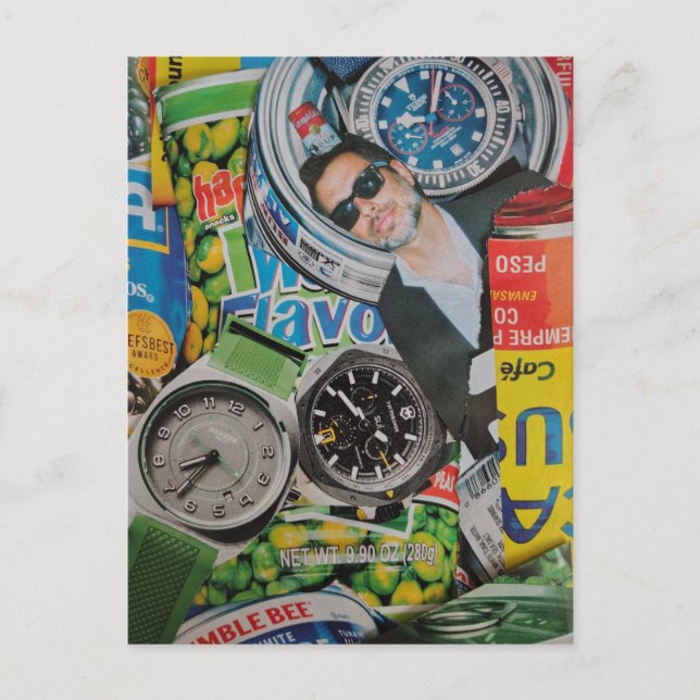 Canned Watches Food and Man Collage Postcard (Front)