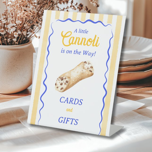 Cannoli Yellow Blue Italian Baby Shower Favor Pedestal Sign (Creator Uploaded)