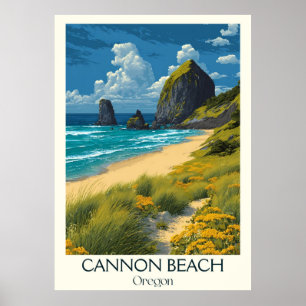 Cannon Beach Oregon Vintage Haystack Rock Art Poster