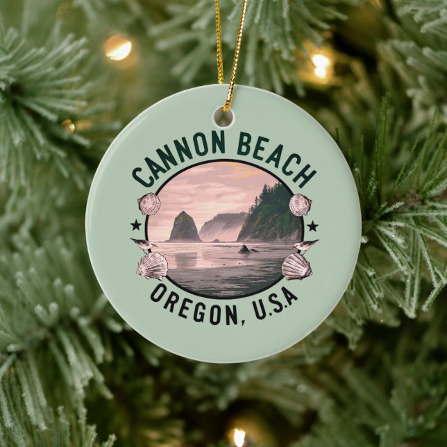 Cannon Beach Retro Vignette Ceramic Ornament (Tree)
