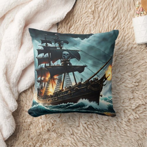 Cannon_Firing Pirate Ship on Stormy Seas Throw Pillow