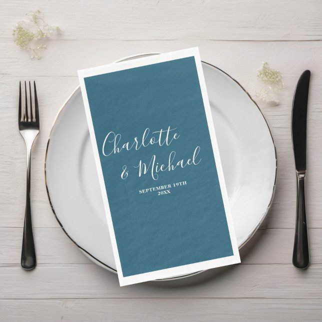 Canoe Blue Script Minimalist Wedding Paper Guest Towels (Creator Uploaded)