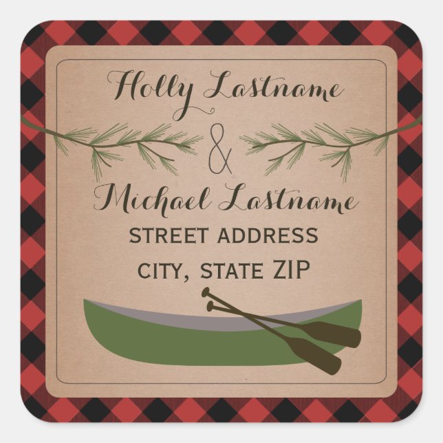 Canoe + Evergreen Branch Plaid Address Sticker (Front)